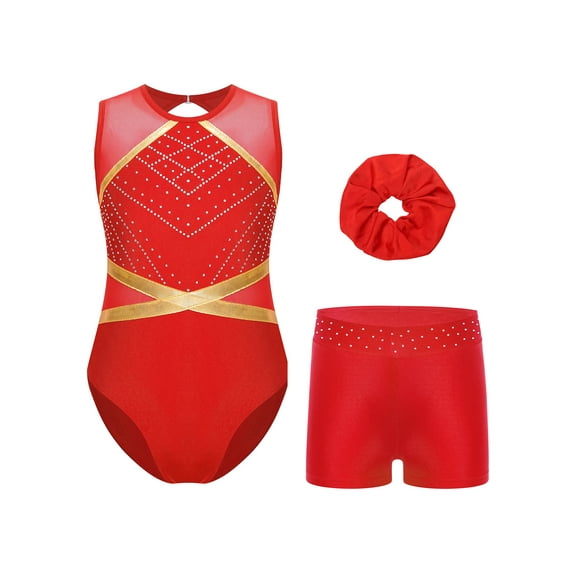 TSSOE Kids Girls Gymnastics and Dance Outfits Rhinestones Sleeveless Ballet Leotards with Shorts Set Activewear Red 6