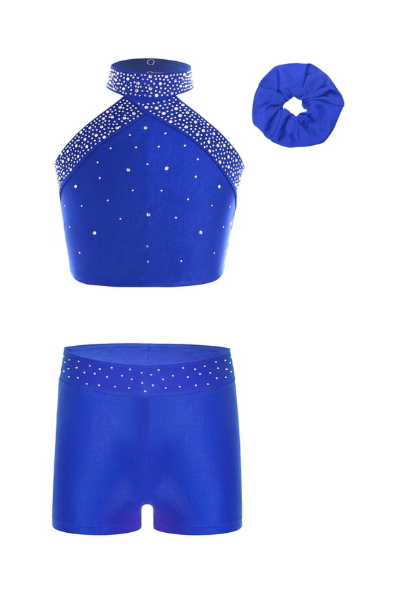 Kids Girls Halter Crop Top with Gymnastic Shorts Set Ballet Belly Latin Dance Costume Figure Skating Outfits Blue 12