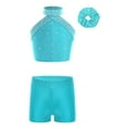 thumbnail image 1 of TSSOE Kids Girls Halter Crop Top with Gymnastic Shorts Set Ballet Belly Latin Dance Costume Figure Skating Outfits Blue Green 6, 1 of 7