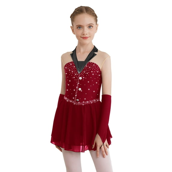 TSSOE Kids Girls Halter Hollow Back Figure Skating Dress with Gloves Sets Ballet Dance Leotard Costume Burgundy 6