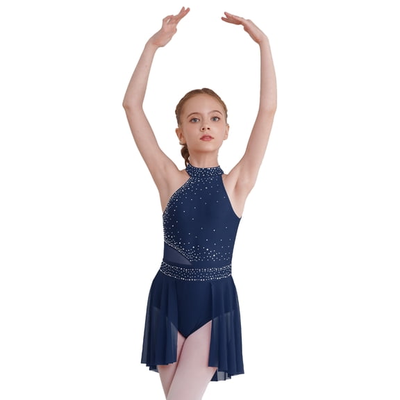 TSSOE Kids Girls Halter Lyrical Dance Dress Leotards Ballet Dancewear Modern Contemporary Performance Costume Navy Blue 6