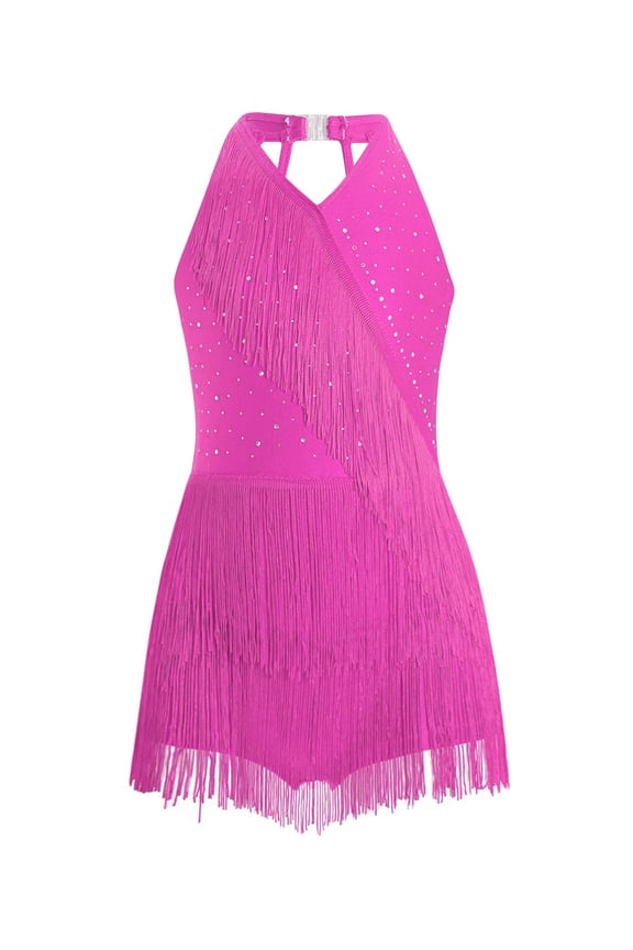 Kids Girls Halter Sleeveless Tassel Gymnastics Leotard Modern Jazz Salsa Rumba Latin Dance Jumpsuit Dancewear Hot Pink 6