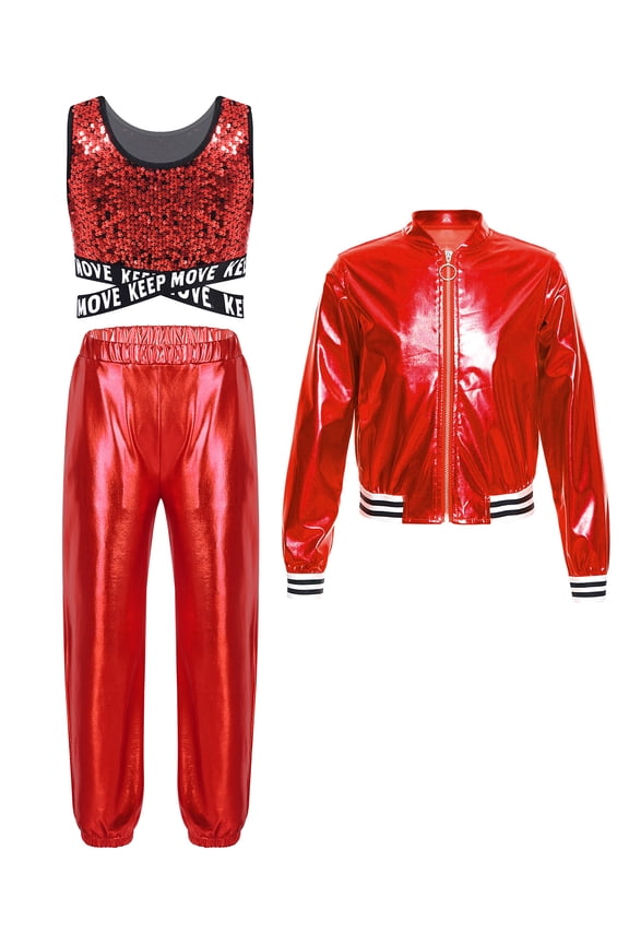 Kids Girls Hip Hop Street Disco Modern Dance Outfits Sequins Crop Top & Bomber Jacket & Harem Pants Set Red 6