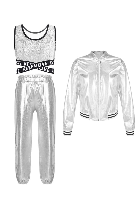 Kids Girls Hip Hop Street Disco Modern Dance Outfits Sequins Crop Top & Bomber Jacket & Harem Pants Set Silver 6