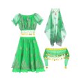 thumbnail image 1 of TSSOE Kids Girls Indian Arabian Princess Belly Dance Outfit Short Sleeve Crop Top with Skirt Waist Chain Headscarf Green 9-10, 1 of 5