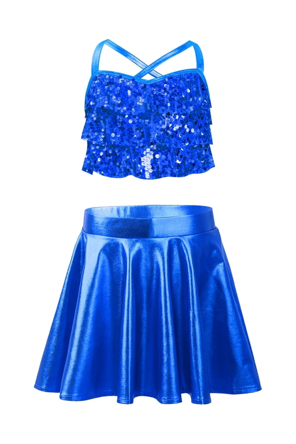 Kids Girls Jazz Dance Performance Dress Tiered Ruffles Crop Top with Metallic Skirt School Cheerleading Dance Set Blue 6
