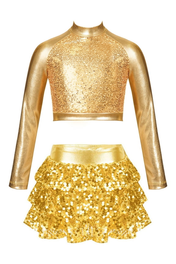 Kids Girls Jazz Hip Hop Modern Ballet Dance Clothes Sequins Mock Neck Long Sleeve Crop Top with Culottes Set Gold 6