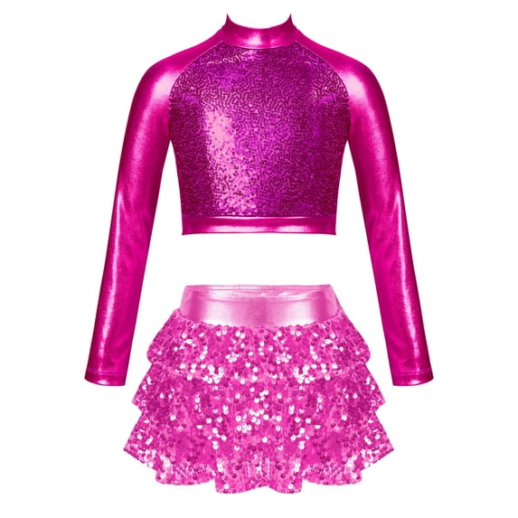 TSSOE Kids Girls Jazz Hip Hop Modern Ballet Dance Clothes Sequins Mock Neck Long Sleeve Crop Top with Culottes Set Hot Pink 6