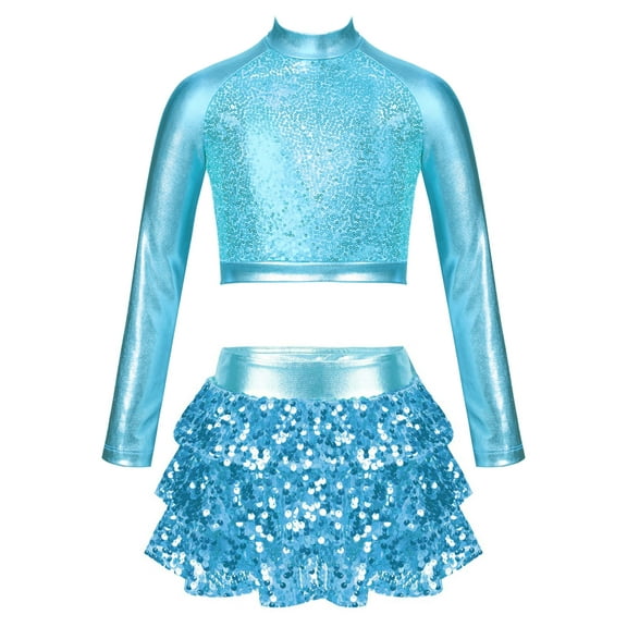 TSSOE Kids Girls Jazz Hip Hop Modern Ballet Dance Clothes Sequins Mock Neck Long Sleeve Crop Top with Culottes Set Light Blue 6