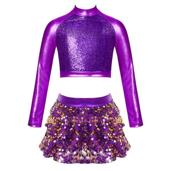 TSSOE Kids Girls Jazz Hip Hop Modern Ballet Dance Clothes Sequins Mock Neck Long Sleeve Crop Top with Culottes Set Purple 6