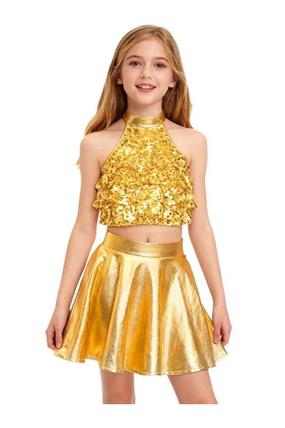 Kids Girls Jazz Latin Dance Dress Tiered Sequins Crop Top with Skirt Samba Tango Dance Performance Clothes Set Gold 6
