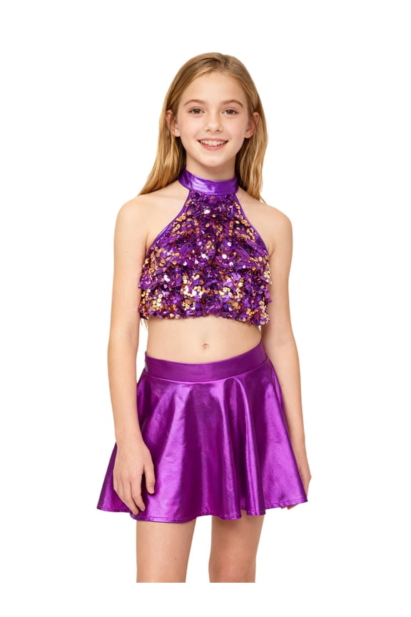 Kids Girls Jazz Latin Dance Dress Tiered Sequins Crop Top with Skirt Samba Tango Dance Performance Clothes Set Purple 6