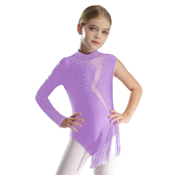TSSOE Kids Girls Latin Jazz Fringed Leotard Dress Lyrical Dance Clothes Modern Ballroom Dancewear Tassel Bodysuit Light Purple 12