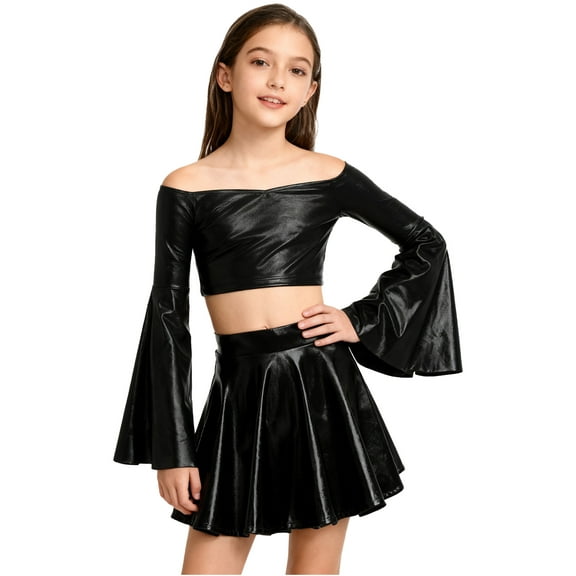 TSSOE Kids Girls Long Flare Sleeve Off-Shoulder Metallic Crop Top with Shiny Ruffle Skirt for Birthday Party Dance Performance Black 12
