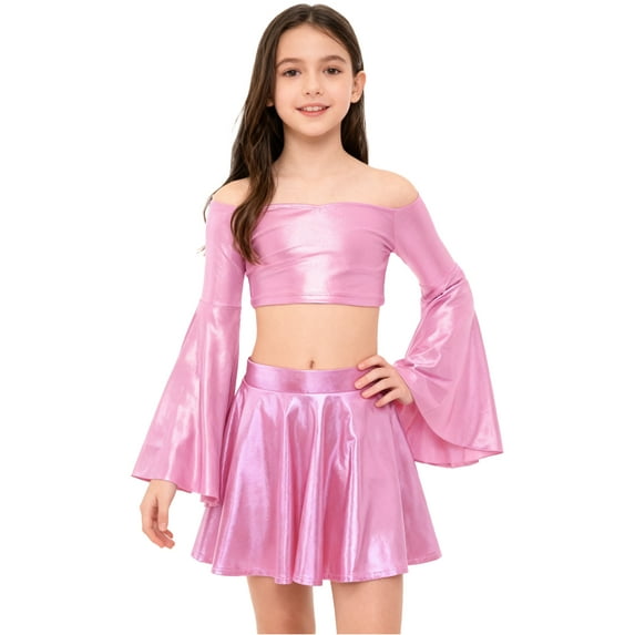 TSSOE Kids Girls Long Flare Sleeve Off-Shoulder Metallic Crop Top with Shiny Ruffle Skirt for Birthday Party Dance Performance Pink 14