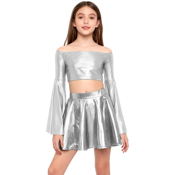 TSSOE Kids Girls Long Flare Sleeve Off-Shoulder Metallic Crop Top with Shiny Ruffle Skirt for Birthday Party Dance Performance Silver 16