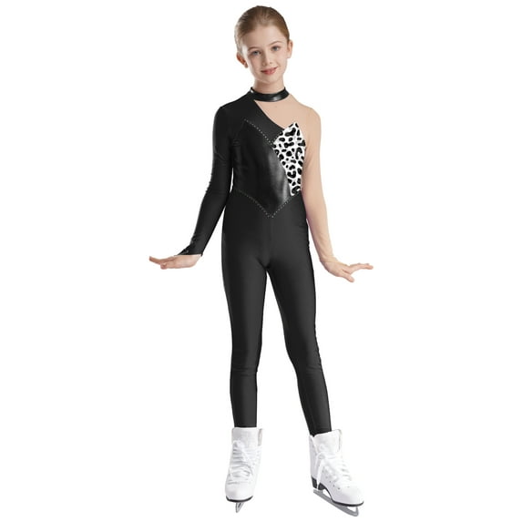 TSSOE Kids Girls Long Sleeve Dance Unitard Turtleneck Gymnastics Figure Ice Skating Full Body Black 16