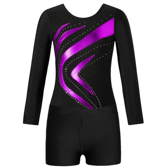 TSSOE Kids Girls Long Sleeve Gymnastics Dance Leotard Sparkly Bodysuit Biketard Top with Shorts Set Swimwear Purple 6