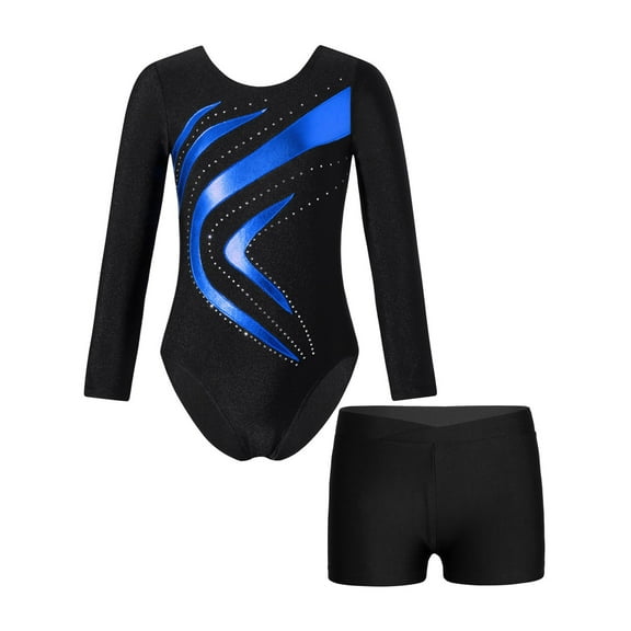 TSSOE Kids Girls Long Sleeve Gymnastics Dance Leotard Sparkly Bodysuit Biketard Top with Shorts Set Swimwear Royal Blue 6