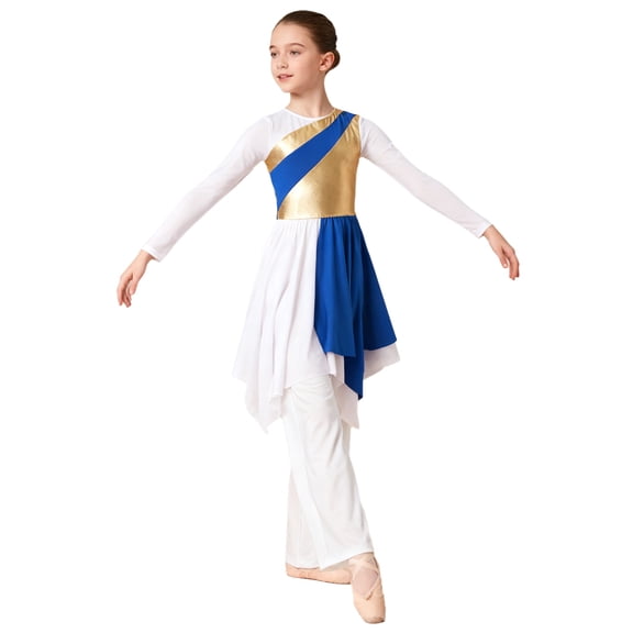 TSSOE Kids Girls Long Sleeve Praise Dance Dress Asymmetrical Liturgical Worship Church Robe and Wide Leg Pants Set Blue 16