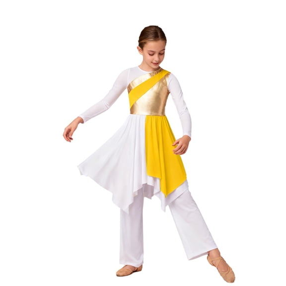 TSSOE Kids Girls Long Sleeve Praise Dance Dress Asymmetrical Liturgical Worship Church Robe and Wide Leg Pants Set Yellow 12
