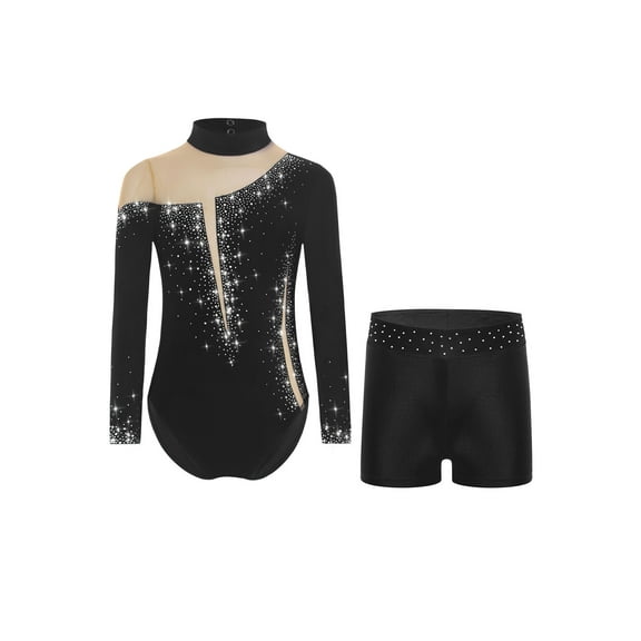 TSSOE Kids Girls Long Sleeve Shiny Rhinestone Ballet Dance Leotard Gymnastics Bodysuit with Workout Shorts Set Black 6