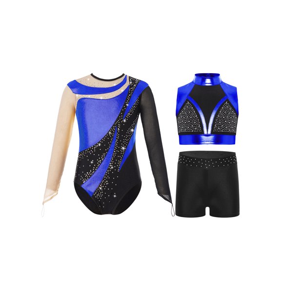 TSSOE Kids Girls Long Sleeve Sparkly Rhinestone Gymnastics Leotard Dance Unitard Biketard Vest With Shorts Set Dancewear Blue 8