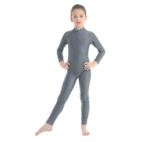 TSSOE Kids Girls Long Sleeve Zipper Full Length Catsuit Jumpsuit Gymnastic Dance Bodysuit Costumes Dark Grey 13-14