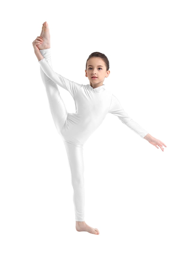 Kids Girls Long Sleeve Zipper Full Length Catsuit Jumpsuit Gymnastic Dance Bodysuit Costumes Ivory 5-6