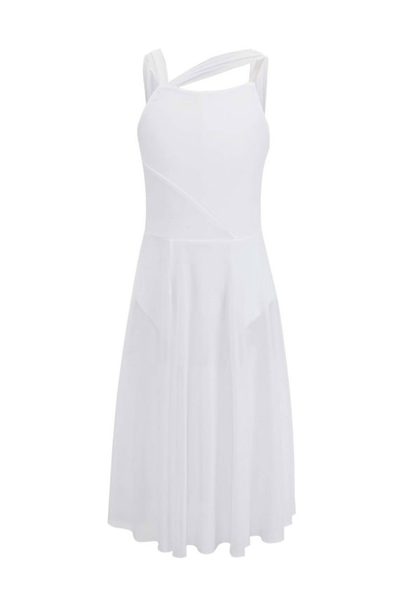 Kids Girls Lyrical Ballet Dance Dress Costume Ballroom Modern Dancewear Camisole Leotard with Tulle Skirt White 6