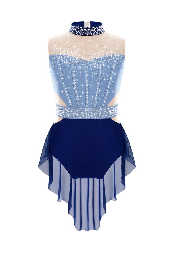Kids Girls Lyrical Dance Costume Mock Neck Sleeveless Skirted Leotard Figure Skating Dress Blue&Navy Blue 10