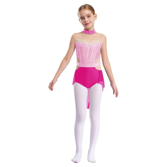 TSSOE Kids Girls Lyrical Dance Costume Mock Neck Sleeveless Skirted Leotard Figure Skating Dress Pink&Hot Pink 10