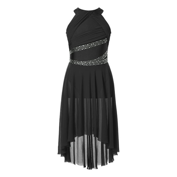TSSOE Kids Girls Lyrical Dance Dress Sleeveless Rhinestone Ruched High-Low Tulle Leotard Tutu Dancewear Black 6