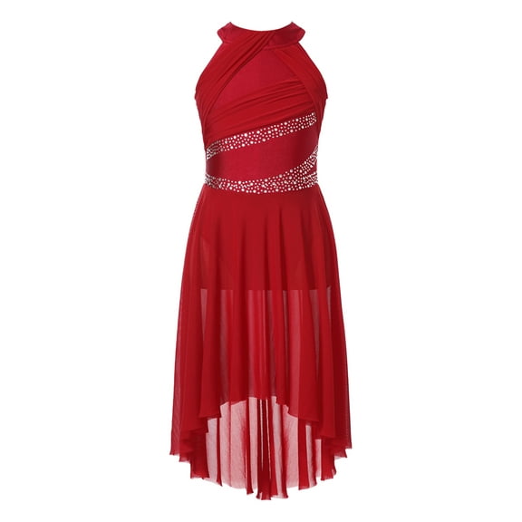 TSSOE Kids Girls Lyrical Dance Dress Sleeveless Rhinestone Ruched High-Low Tulle Leotard Tutu Dancewear Burgundy 14