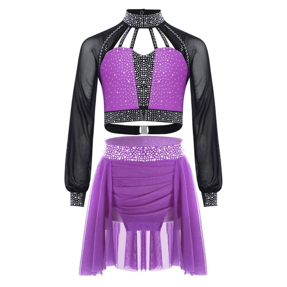 TSSOE Kids Girls Lyrical Dance Outfit Sparkly Rhinestones Crop Top with Leotard Skirt 2-Piece Ballet Skating Dancewear Purple 10