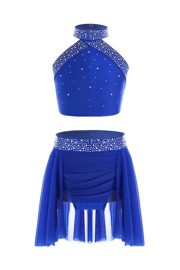 Kids Girls Lyrical Jazz Contemporary Ballet Dance Outfits Sparkly Halter Neck Sleeveless Crop Top with Skirts Set Blue 12