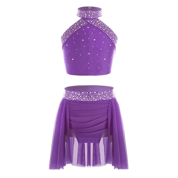 TSSOE Kids Girls Lyrical Jazz Contemporary Ballet Dance Outfits Sparkly Halter Neck Sleeveless Crop Top with Skirts Set Purple 14
