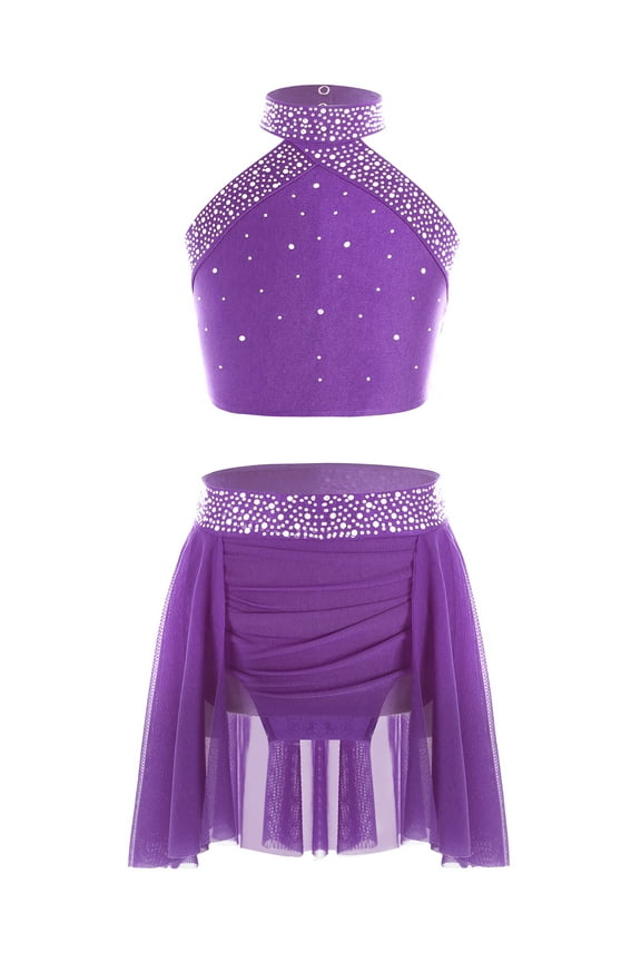 Kids Girls Lyrical Jazz Contemporary Ballet Dance Outfits Sparkly Halter Neck Sleeveless Crop Top with Skirts Set Purple 14