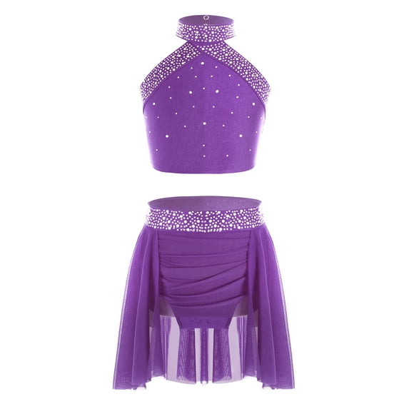 TSSOE Kids Girls Lyrical Jazz Contemporary Ballet Dance Outfits Sparkly Halter Neck Sleeveless Crop Top with Skirts Set Purple 6