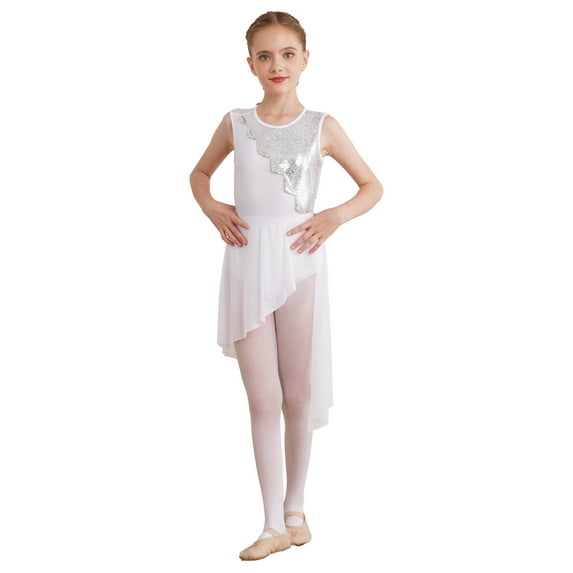 TSSOE Kids Girls Lyrical Modern Ballet Dance Dress Sleeveless Shiny Sequins Irregular Hem Gymnastics Skirt Leotard White 10