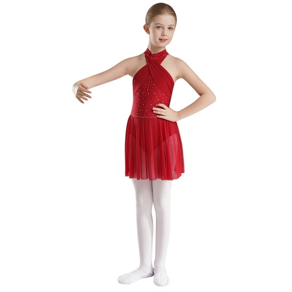 TSSOE Kids Girls Lyrical Modern Dance Dress Sleeveless Backless Leotard Dress Performance Costume Burgundy 16