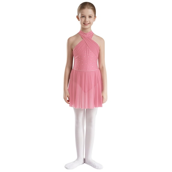 TSSOE Kids Girls Lyrical Modern Dance Dress Sleeveless Backless Leotard Dress Performance Costume Pink 16