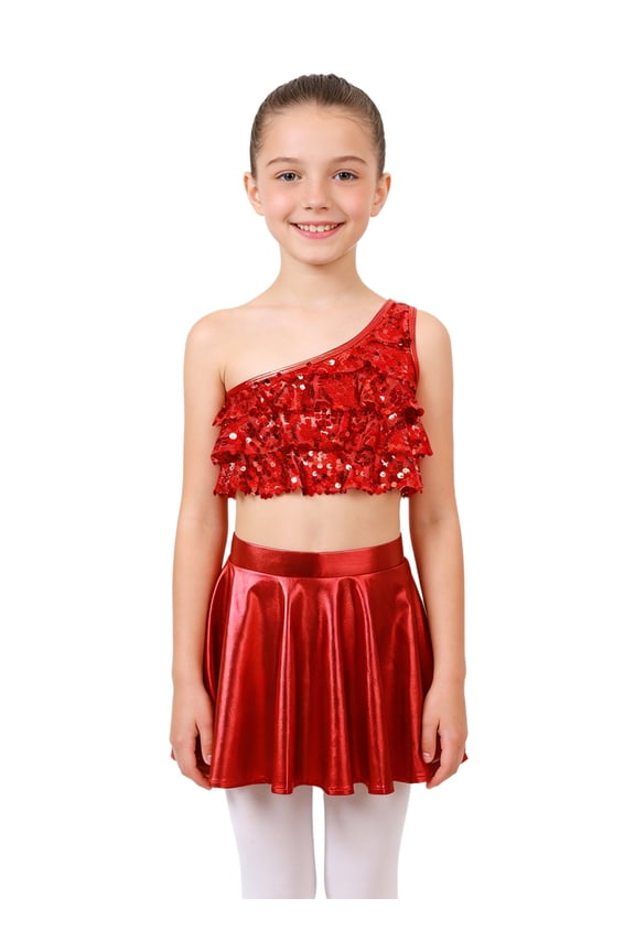 Kids Girls Lyrical Tango Ballroom Dance Dress Outfits One Shoulder Crop Top With Metallic Pleated Skirt Red 14