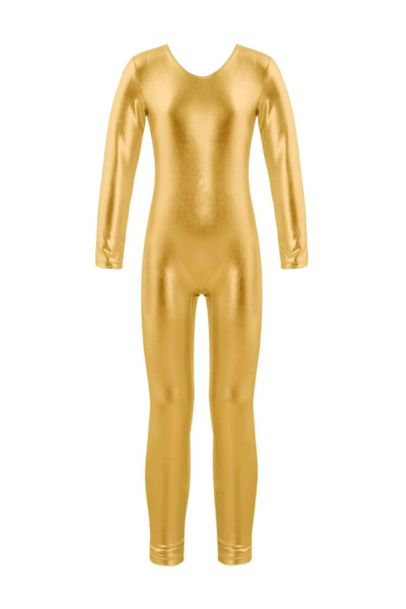 Kids Girls Metallic Full Length Romper Jumpsuit Ballet Dance Gymnastics Leotard Bodysuit Unitard Dancewear Gold 4