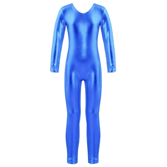 TSSOE Kids Girls Metallic Full Length Romper Jumpsuit Ballet Dance Gymnastics Leotard Bodysuit Unitard Dancewear Royal Blue 12