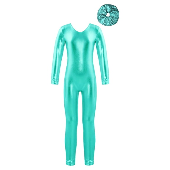 TSSOE Kids Girls Metallic Gymnastics Full Body Leotards Athletic Dance Jumpsuit Dancewear with Hairband Set Lake Green 4