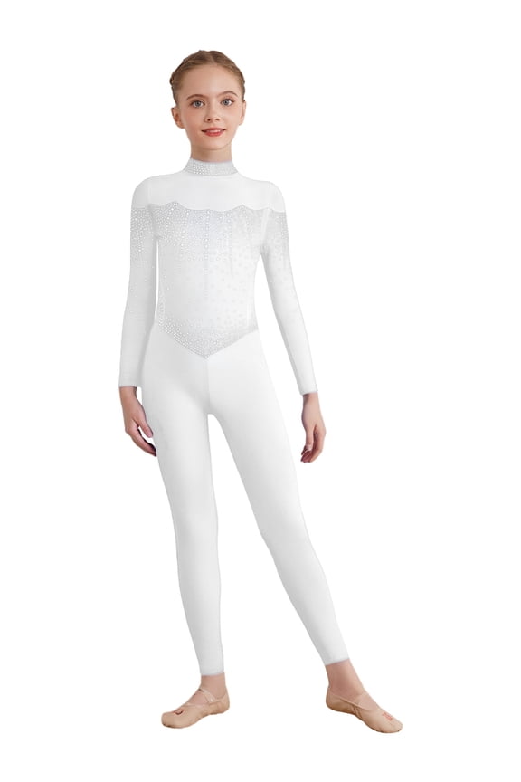 Kids Girls Mock Neck Dance Jumpsuit Sheer Mesh Figure Skating Bodysuit Shiny Rhinestones Full Body Leotard White 6