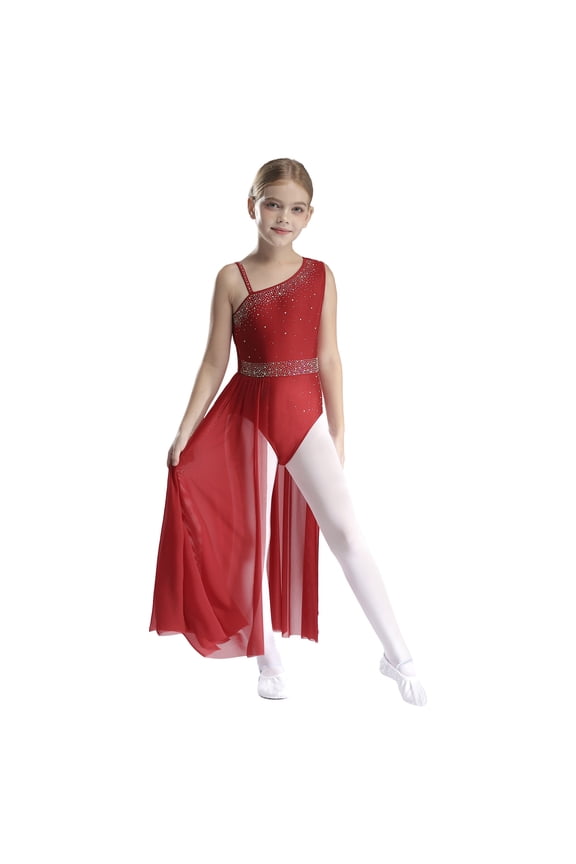 Kids Girls Modern Contemporary Lyrical Dance Costume Sparkly Rhinestone Sleeveless Ballet Leotard Dress Dancewear Burgundy 12