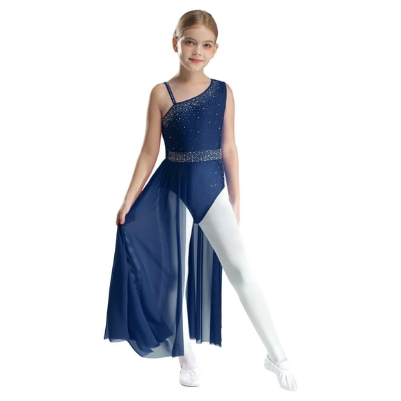 TSSOE Kids Girls Modern Contemporary Lyrical Dance Costume Sparkly Rhinestone Sleeveless Ballet Leotard Dress Dancewear Navy Blue 8