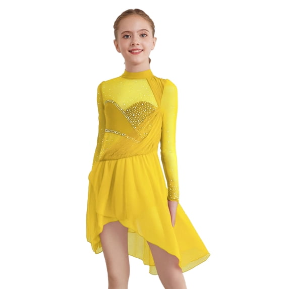 TSSOE Kids Girls Modern Lyrical Dance Dress Irregular Sheer Mesh Skirt Long Sleeve Sparkly Figure Skating Dress Yellow 8